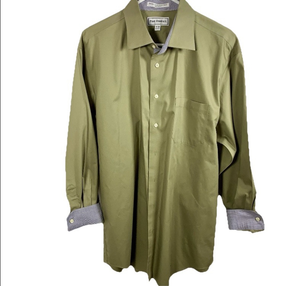 Paul Fredrick Men Dress Shirt‎ No Iron Sz 17-34 Green 2-Ply Cotton Work Office